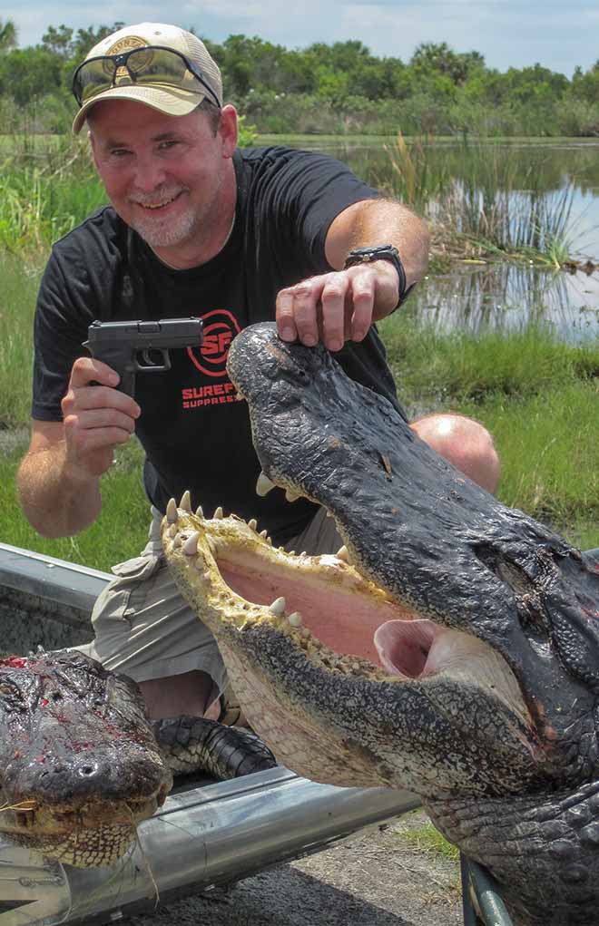 This 12-foot-long alligator was taken with a single round of Winchester Silvertip ammunition from a .380 ACP compact handgun. As an African professional hunter friend of mine so often astutely observes, “It’s about the placement of the pin prick, not the swing of the sledgehammer.”