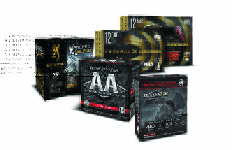 New Shotgun Loads from front to back: Winchester Double X 3-inch .410 Turkey Load; Winchester AA Diamond Grade Elite Trap; Browning Wicked Blend; Federal/NRA 2¾-inch Buckshot Load; Federal 3-inch Heavyweight TSS 12-Gauge.