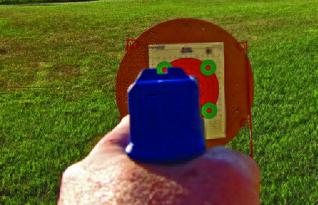 Looking over a rubber training gun with the dominant eye shows the back of the gun. Closing the non-dominant eye gives the same view.
