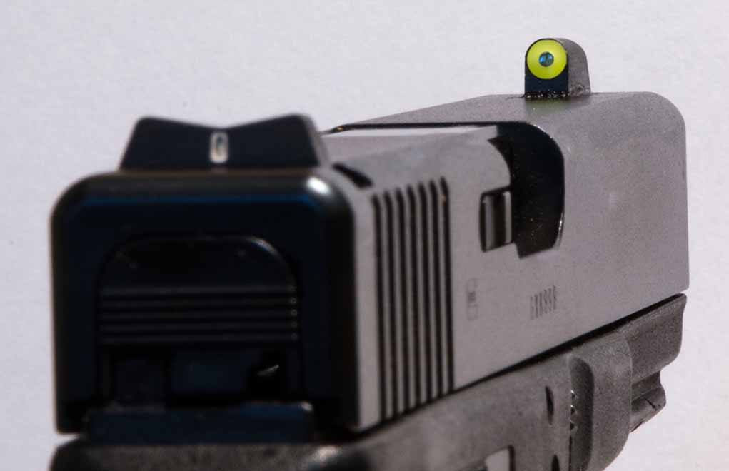 Notice the luminescence of the new XS Sights’ DXT2 Big Dot front sight in well-lit conditions.