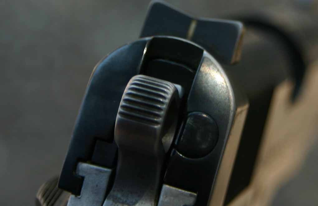 A photo of the XS Sights’ rear sight on Jeff Cooper’s Colt’s Commander.