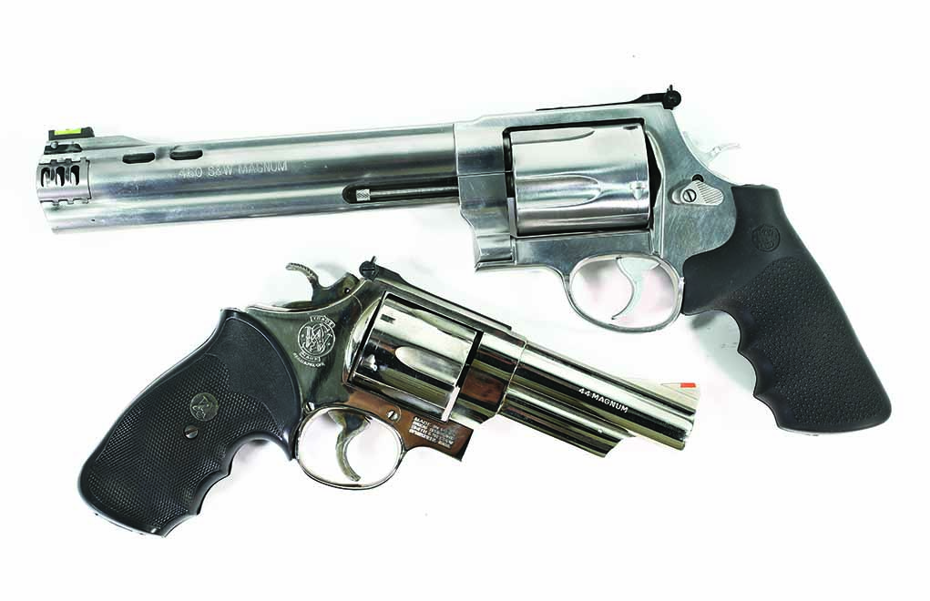 The .44 Magnum on the bottom used to be the most powerful handgun in the world. That hasn’t been the case for a long time, and the .460 above it is a serious contender.