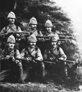A stalwart group of soldiers of the 1st Bn. King’s Royal Rifles pose for the photographer with their Mark I Metfords during the Chitral Relief Expedition of 1895.