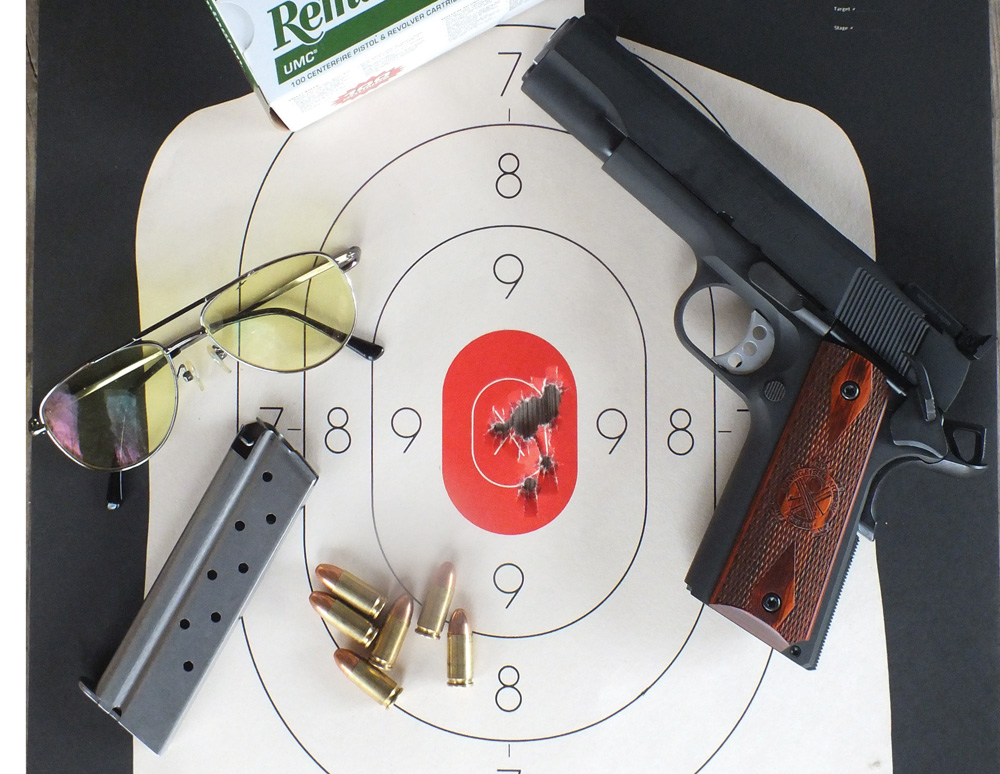 Cleaning the half scale B34 target at 10 yards was an easy task. One notable advantage to a Model 1911 chambered in 9mm  is much less recoil than a .45-caliber model.