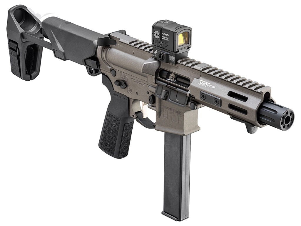 The right side of a Springfield Saint Victor PDW with its brace extended, white background.