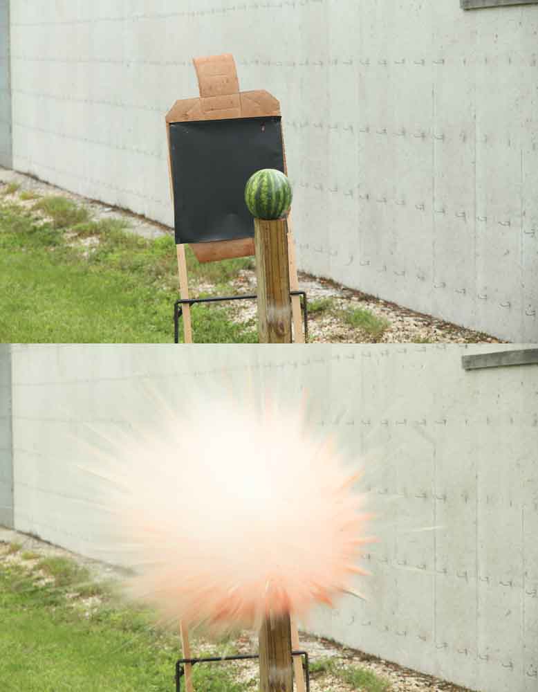 (Top) Testing is one thing, showing off is another. There is no correlation between melons and people, and using produce to “demonstrate” a cartridge or load is silly. (Bottom) However, demonstrations can be fun. This is that watermelon, struck by a 12-gauge slug, and those who stood too close smelled of vaporized watermelon for the rest of the day.