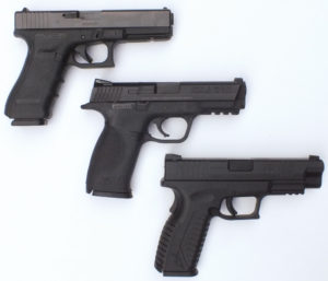 Glock 17 (top), Smith & Wesson M&P (middle) and Springfield XDm (bottom). 