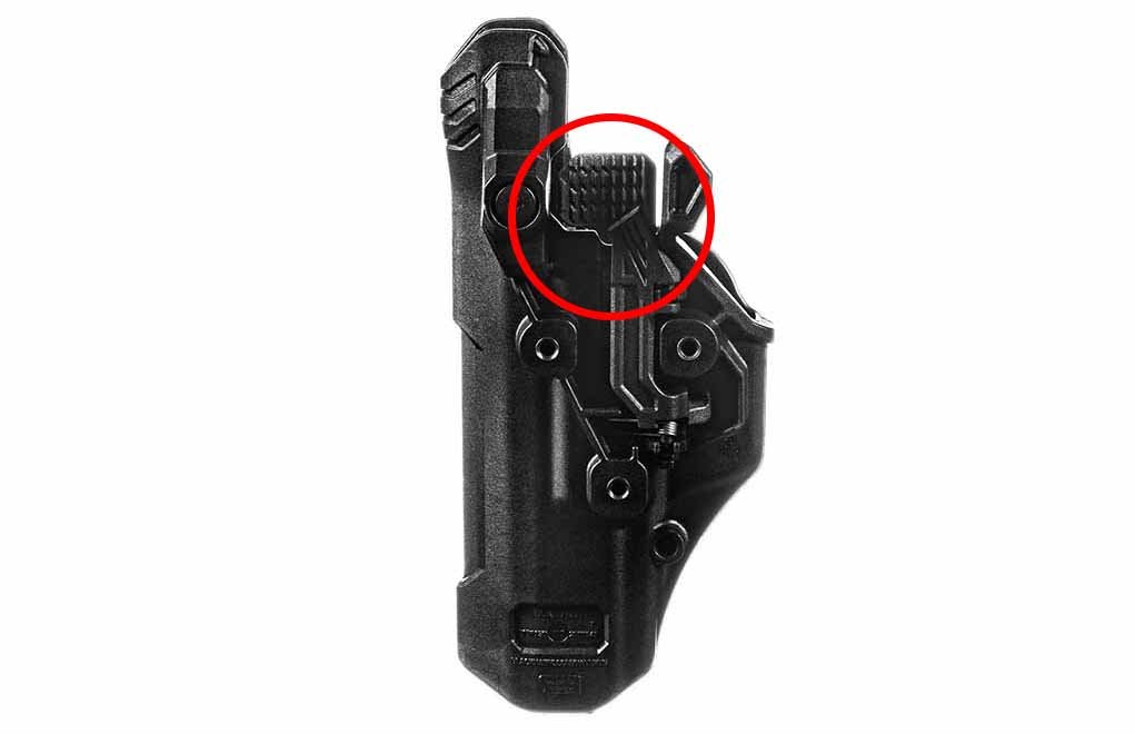 T-Series release button located on the inside of the holster, actuated through the natural motion of gripping your pistol.