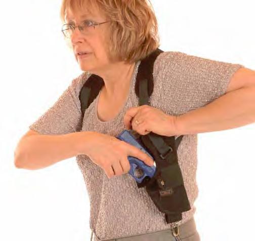 Many women find shoulder holsters appealing and comfortable. Just be sure you take into account the lines of your torso and choose one with a downward, vertical orientation so it doesn’t print through your shirt. Photo: Concealed Carry for Women by Gila Hayes.
