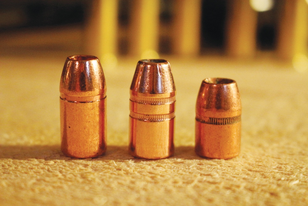 The Barnes 225-grain bullet (left) has more bearing surface than the 300-grain Hornady XTP (middle) or the 240-grain Speer Gold Dot (right).
