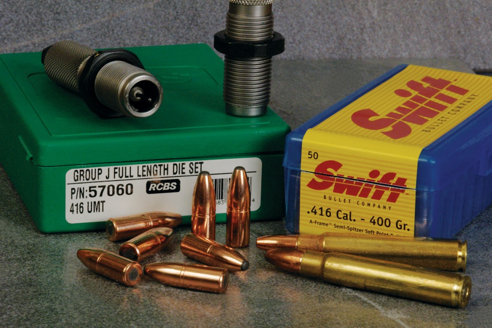 RCBS dies, cases and Swift bullets for the .416 UMT.