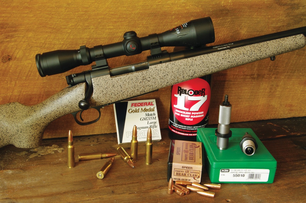 A Bansner-built rifle on an M70 action and topped with a Nitrix scope. It’s chambered in .358 WSM wildcat, which shoots a 225-grain Trophy Bonded bullet. The propellant: 75 grains of RL17 and a Federal 215M primer.
