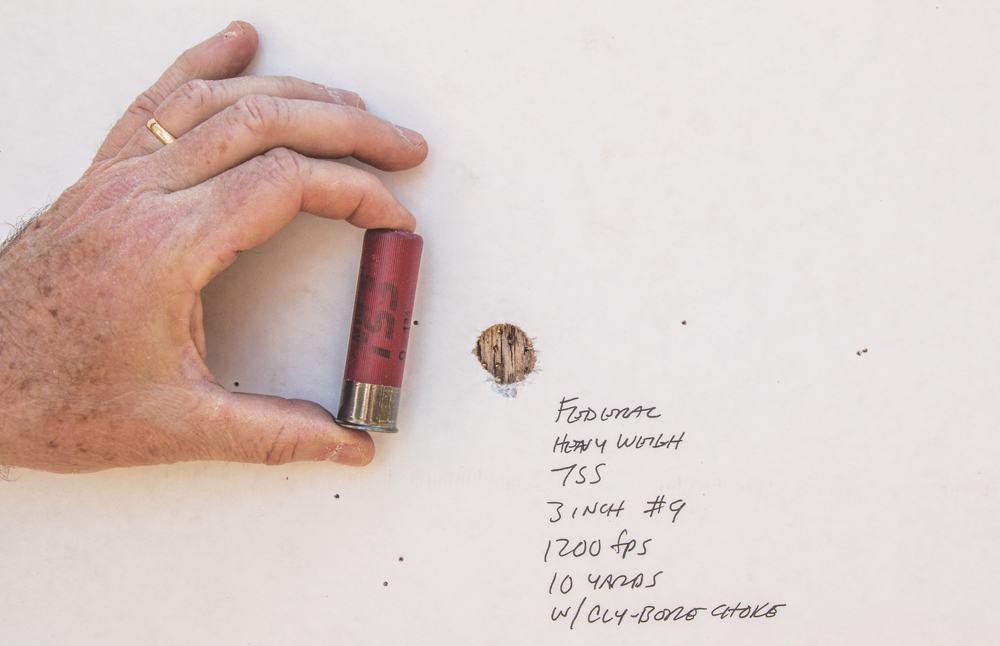 The 3-inch No. 9 Federal HeavyWeight TSS shoots with a muzzle velocity of 1,200 fps, and put 611 pellets in a 5-inch circle from 10 yards with an extra full choke (upper left). When used with an open bore (below), the pattern turns into a clean, single hole. Sound backward? It’s all about the relationship between the choke and the wad.