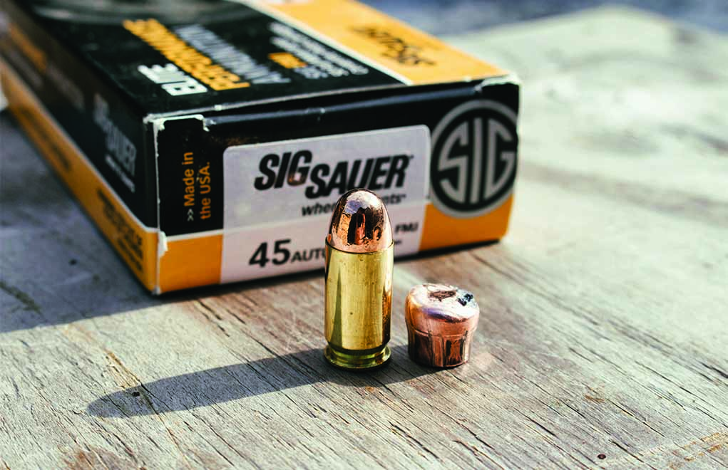 The Sig Sauer FMJ load for the .45 ACP gave the kind of penetration and deformation you’d expect from a premium FMJ design in the penetration and terminal ballistics test.