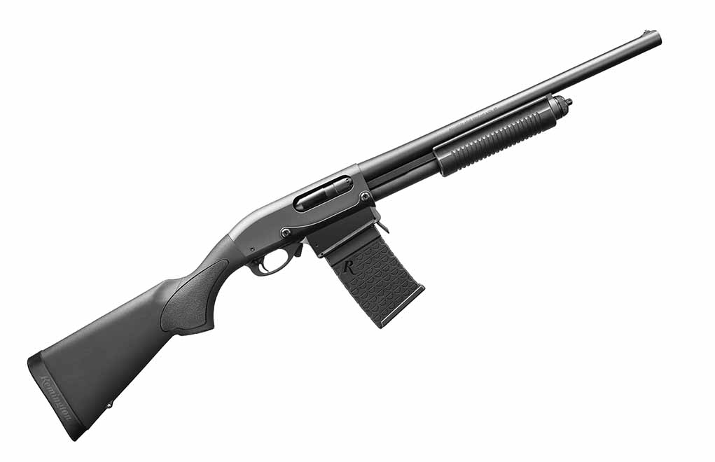 The Remington 870 DM Magpul is a synthetic-stocked, pump-action shotgun that has the versatility of being magazine-fed. 