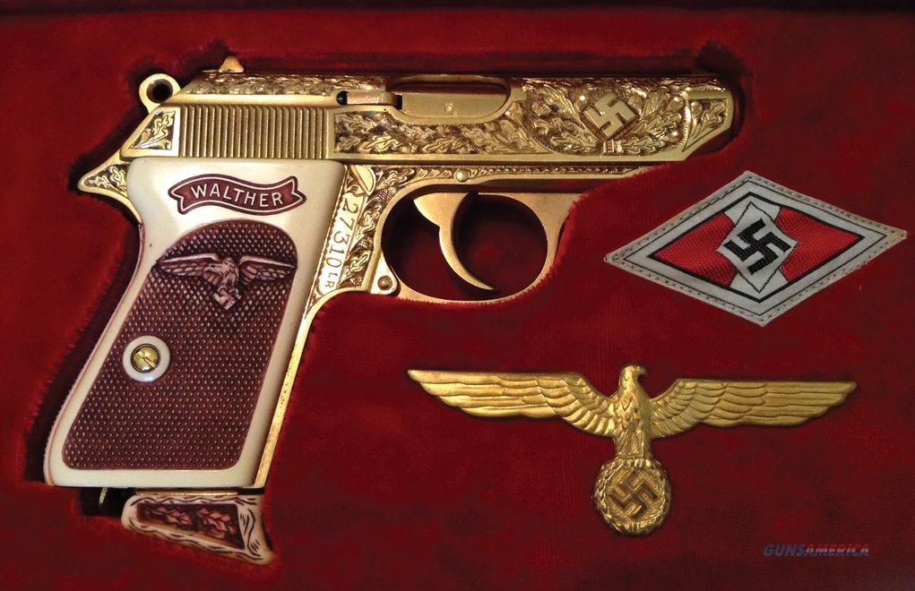 The gold engraving and Nazi markings make this PPK quite rare. It’s a .22 LR and, with the box, could be worth $7,500.