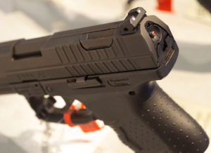 Walther’s P99 with the striker cocked, as indicated by the protruding red dot at the back of the slide.