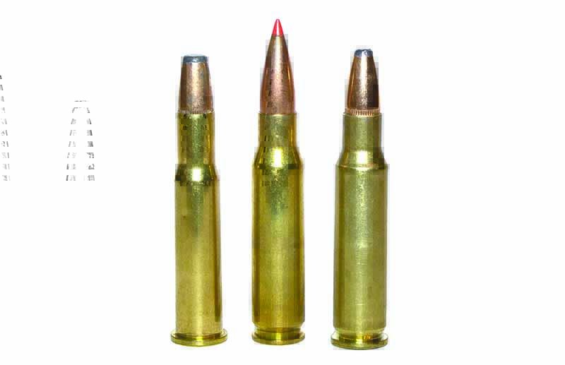 The .30-30 Winchester (left) is the cartridge that made the Winchester 94 famous. Though it’s nowhere near as powerful as the .308 Winchester (center), the .307 Winchester can nearly duplicate .308 Winchester muzzle velocities.