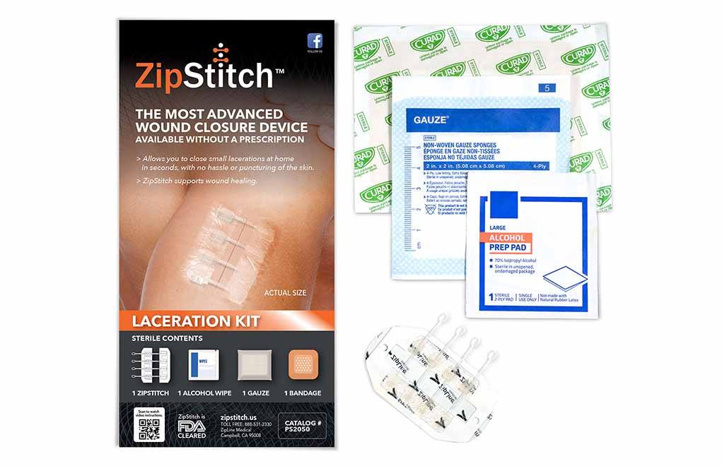 The ZipStitch Kit comes with everything you need to tend your wound, including: ZipStitch, alcohol wipe, gauze and bandage.