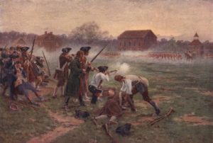 A scene from the Revolutionary War Battle of Lexington and Concord.