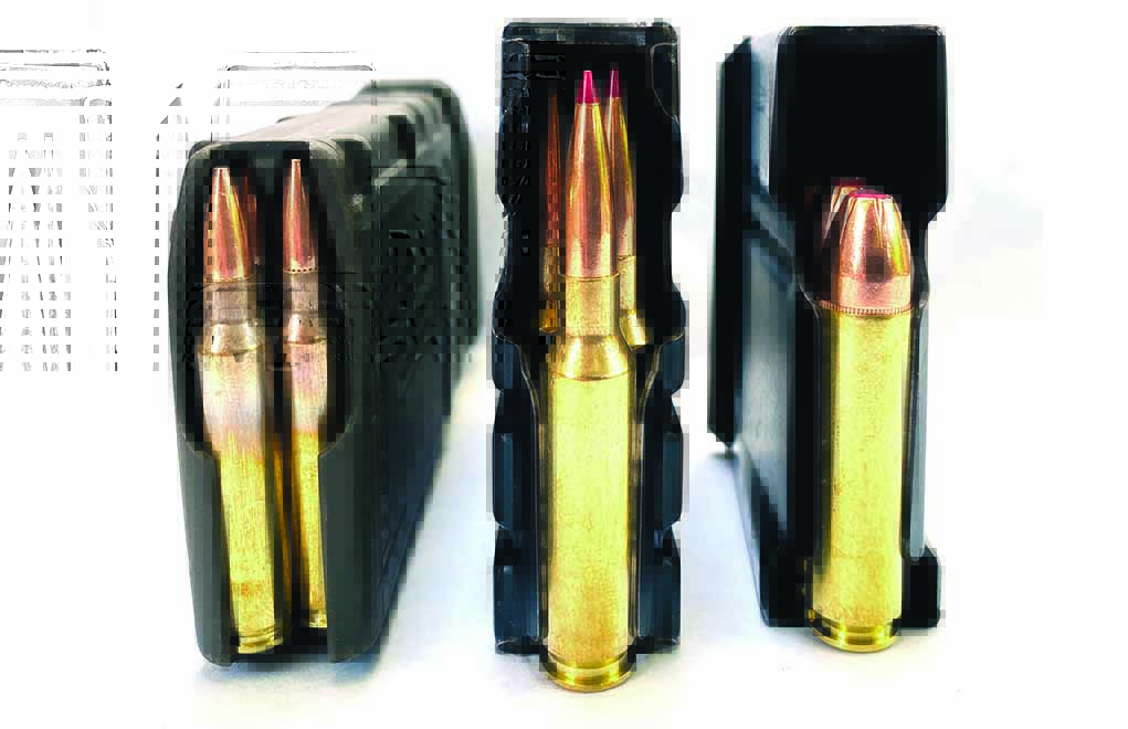 Overall length of the cartridge is usually determined by the magazine. Here, 77-grain 5.56mm (left) is almost touching the front of the mag, but the 143-grain 6.5 CM (middle) has plenty of room for longer loads. The .450 Bushmaster on the right is a demonstration of just how much room you can have in a bolt-action mag and still feed reliably. Try that with an AR!