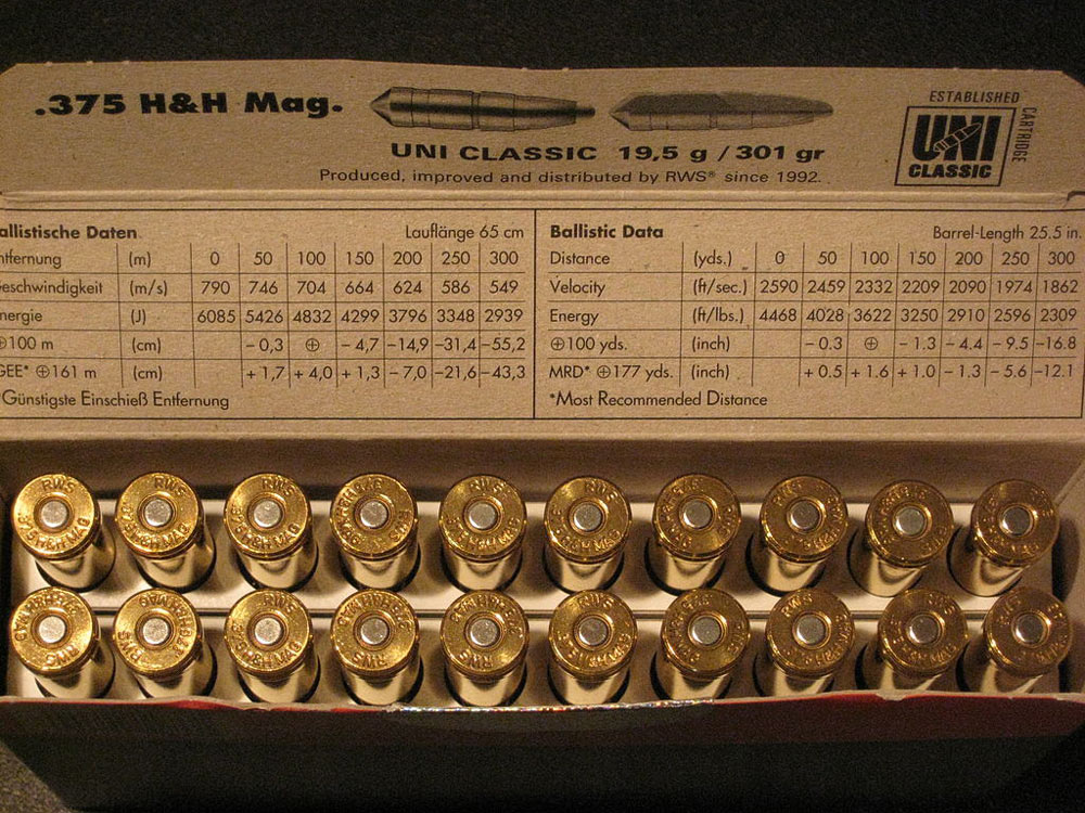 Box of .375 H&H cartridges with UNI-Classic 300-gr Bullets. The .375 is one of the most widely utilized cartridges in the world.