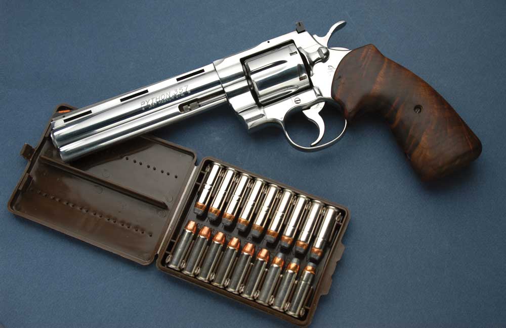 In 1955, Colt’s Firearms introduced what many believe to be the most elegant .357 Magnum revolver ever created—the Python. This example is an Ultimate Python in stainless steel and has the best features found with any Python, plus the bonus of custom grips to make it one of the nicest .357 Magnum revolvers one can find.