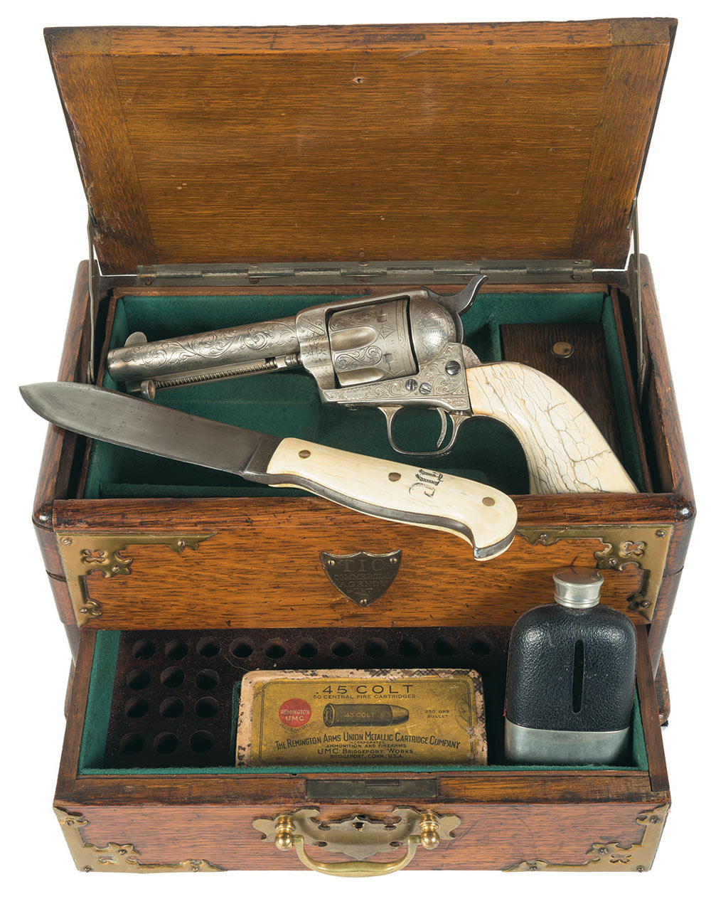 First Generation Colt Single Action Army Revolver with Case, Knife and Hip Flask, All Inscribed to Timothy "Longhair Jim" Courtright, Old West Gunfighter