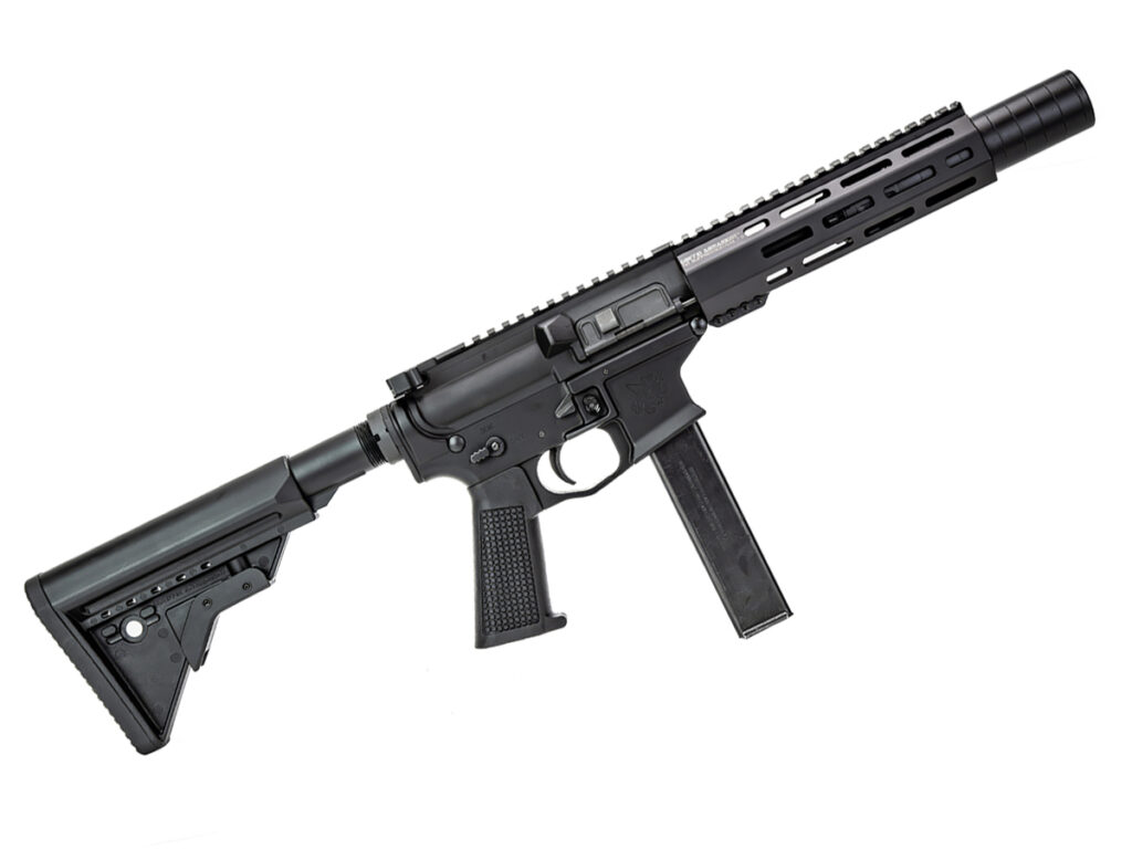 A Griffin Armament 9mm PCC AR equipped with a suppressor on a white background.