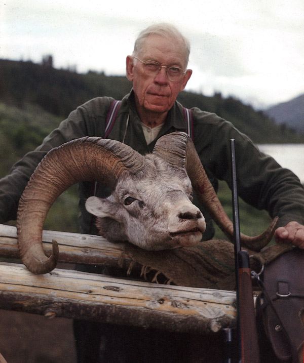 Jack O'Connor with a trophy, a stone sheep.