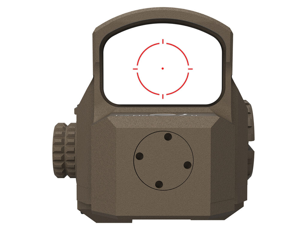 The rear view of an FDE Leupold LCO Pro F2 showing its circle and compass reticle.