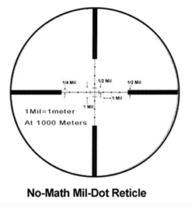 The Leatherwood "No Math" Mil-Dot reticle. Simply fit a 36-inch object into the center bracket using the scope's zoom ring and fire. 