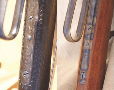 Left: Could anything look worse? As if the amateur carving was not bad enough, the screw heads had been butchered and the tang was scratched and gouged. Right: The tang as it is now, polished, serial number re-cut, case-hardened, with Winchester factory original replacement screws, properly aligned.