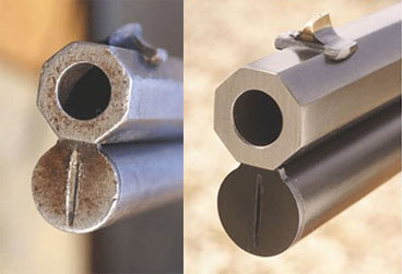 Left: A rifle’s muzzle takes a beating. Right: The muzzle was squared and re-crowned, and the magazine cap and front sight replaced.