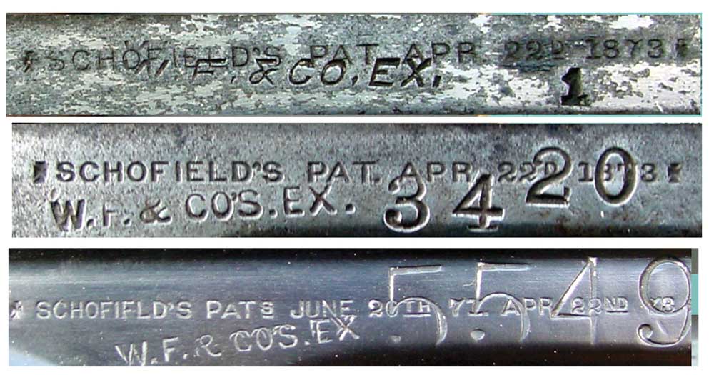 Variations of Wells Fargo markings believed to be authentic on Schofield revolvers, top to bottom. 1) Late italic, singular “CO.” company marking, with small type numerals. Wells Fargo repeated the gun’s serial number as their company number 2) Early block letter, plural “CO’S” companies marking with medium size numerals. 3) Early companies marking with largest size numerals.