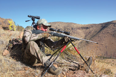 To take advantage of the long range capabilities of this cartridge you need a super-solid rest, like that provided with these BogPod tripod shooting sticks.