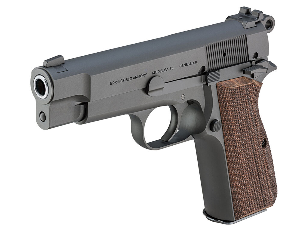 An angled front view of the left side of a Springfield SA-35 4" pistol on a white background.