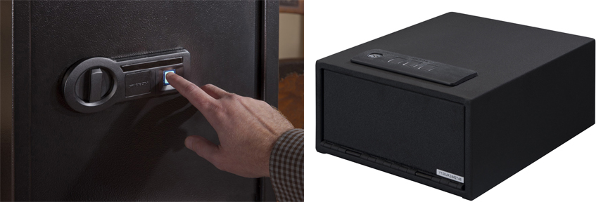 Stack-On upgrades: Left – Security Safe with biometric key; Right – Quick Access Safe with keypad entry.