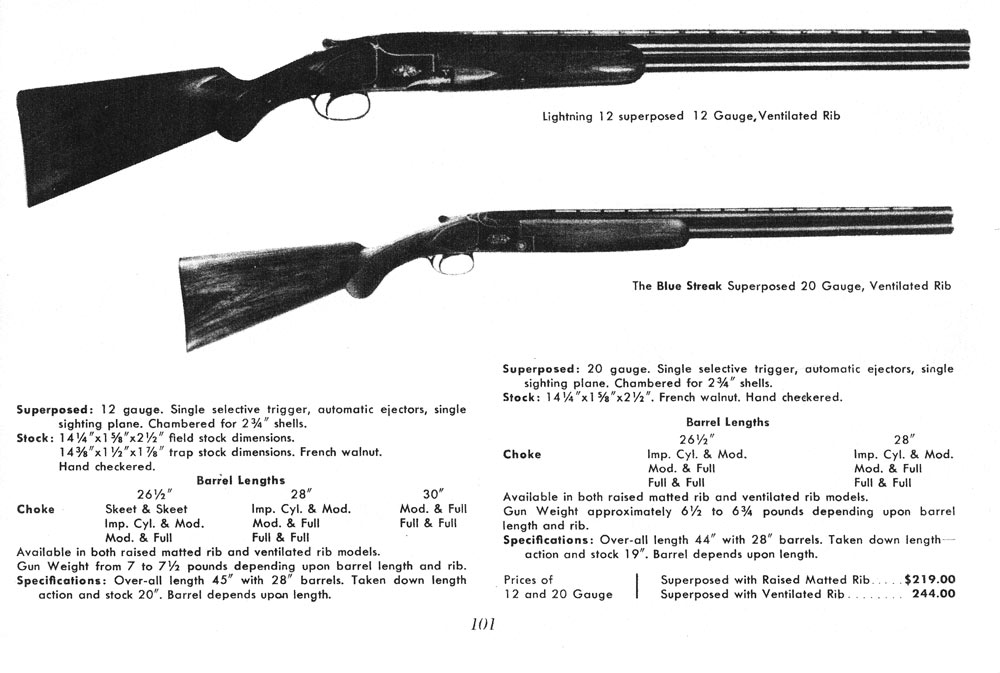 The 20-gauge Superposed made its first appearance in the 1950 issue of Gun Digest. For the first year or so, Browning tagged the 20-gauge model the “Blue Streak.” However, that name was unceremoniously dropped a short time later. Note the issue prices!