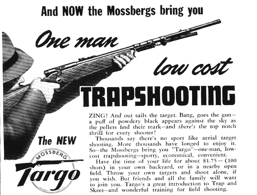 A low fedora disguises the face of the shooter who has just missed his minute Targo target in this period ad from Mossberg. 